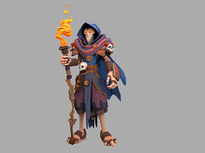 Cloaked Fantasy Mage Character With Flaming Staff And Skull Accessory Design 3d model
