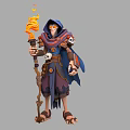 Cloaked Fantasy Mage Character With Flaming Staff And Skull Accessory Design