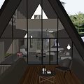 Hotel Public Lounge Area Featuring Triangle Architecture Large Glass Windows Sunset Views Cozy Seating Fireplace