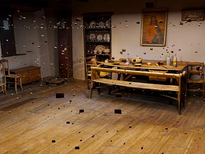 Vintage Room Interior With Wooden Floor Long Table Chairs Shelf Plates And Painting On Wall 3d model