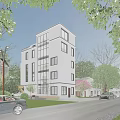 Modern Multi Story Single Family House With White Exterior Large Glass Windows And Green Lawn