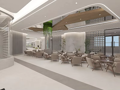 Modern Lounge Area Interior With Light Colored Furniture Wooden Ceiling And Green Plants 3d model