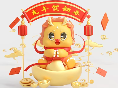 Cute Golden Dragon Character for Year of the Dragon with Red Lanterns and Gold Ingots 3d model