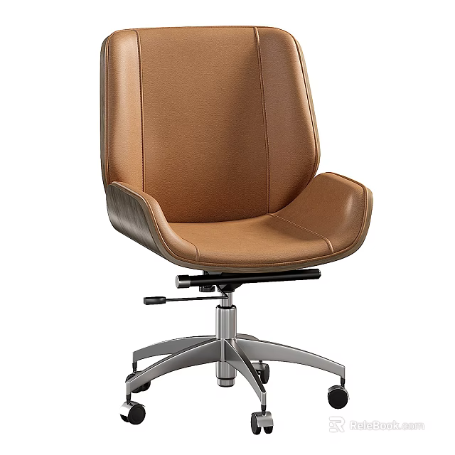 Modern Brown Leather Office Chair With Swivel Base Silver Frame And Rolling Casters 3d model 