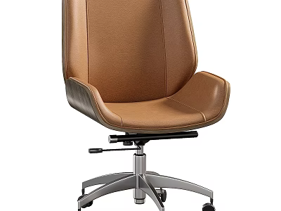 Modern Brown Leather Office Chair With Swivel Base Silver Frame And Rolling Casters 3d model