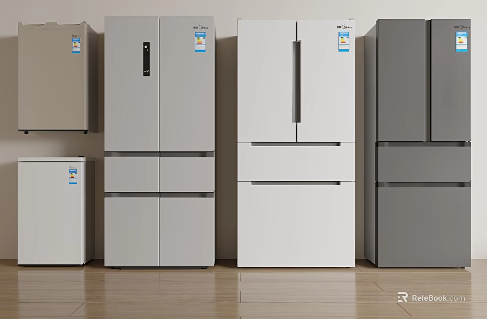 Various Styles of Modern Refrigerators and Freezers in Different Colors on 3d model 