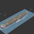Aircraft Carrier Sailing On Blue Ocean With Several Airplanes Flying Nearby