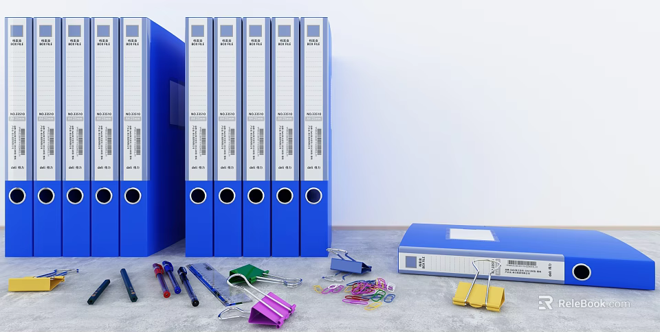 Blue Office Folders Arranged with Paper Clips Binders and Pens on Desk 3d model 