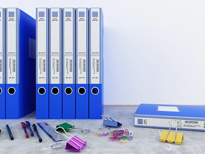 Blue Office Folders Arranged with Paper Clips Binders and Pens on Desk 3d model