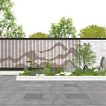 Modern Feature Wall Design With Green Plants Stone Pavement And Trees