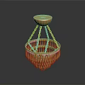 Golden Chandelier Featuring Round Base With Chains And Circular Frame Hanging Slender Decorative Strips