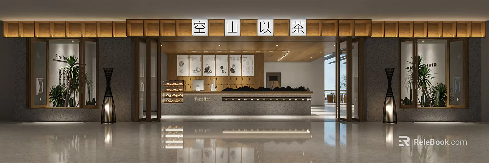 Milk Tea Shop Interior Design With Wooden Counter And Decorative Paintings 3d model 