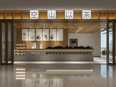 Milk Tea Shop Interior Design With Wooden Counter And Decorative Paintings 3d model
