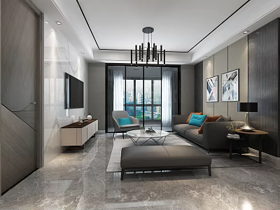 Modern Living Room Interior Design With Chandelier Sofa Coffee Table TV And Decorative Paintings 3d model