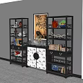 Black Storage Shelves Displaying Tea Sets Books And Decorative Items With Bamboo Painting