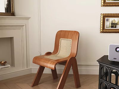 Wooden Dining Chair With Woven Backrest Near Fireplace And Gold Framed Pictures On Wooden Floor 3d model