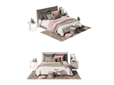 Modern Double Bed Interior With Soft Bedding Pillows Nightstands And Plants 3d model