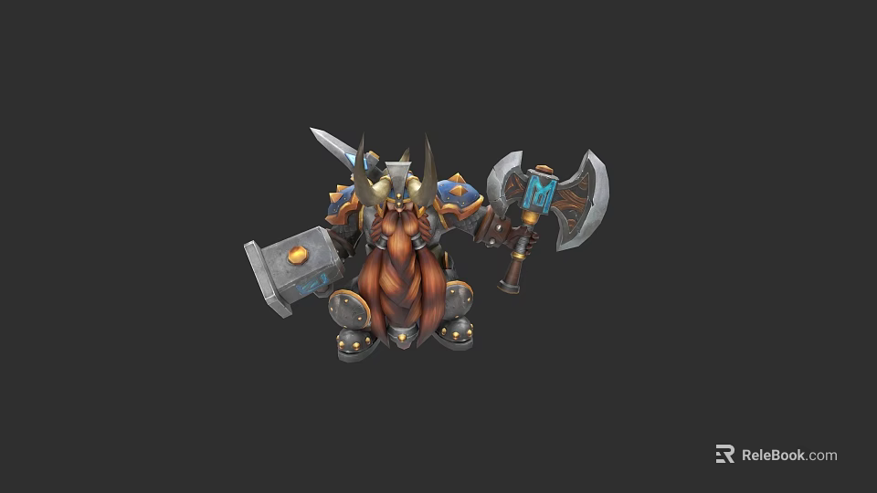 Fantasy Warrior Creature In Armor With Horned Helmet Sword Axe Golden Decorations And Blue Gemstones 3d model 