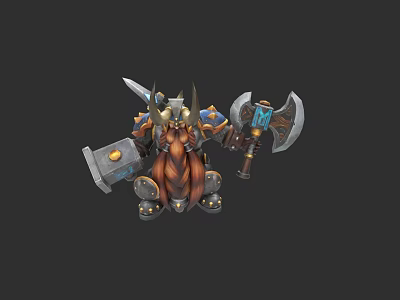 Fantasy Warrior Creature In Armor With Horned Helmet Sword Axe Golden Decorations And Blue Gemstones 3d model