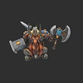 Fantasy Warrior Creature In Armor With Horned Helmet Sword Axe Golden Decorations And Blue Gemstones