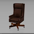 Brown Upholstered Swivel Chair with High Back Armrests and Wooden Base on Wheels