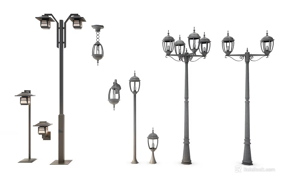 Outdoor Lighting Combination With Classic Street Lamps And Hanging Lanterns 3d model 