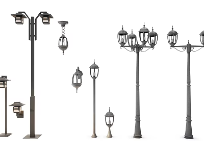 Outdoor Lighting Combination With Classic Street Lamps And Hanging Lanterns 3d model
