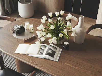 Decorative Ornament Combination With White Tulips Vase Open Book Camera And Candles On Wooden Table 3d model