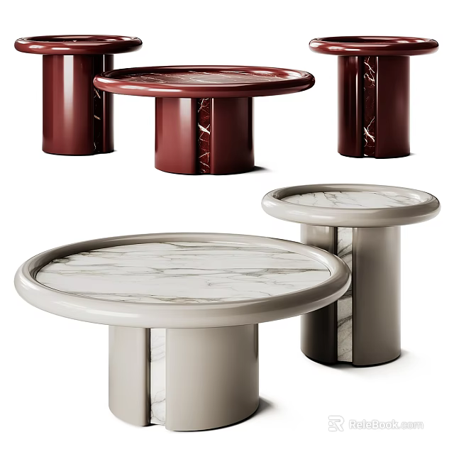 Modern Tea Table And Chairs With Round Marble Tabletop Red And Beige Cylindrical Bases 3d model 