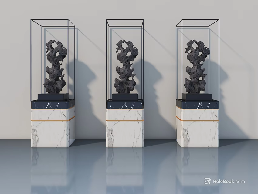 Elegant Glass Display Cabinets With Hinged Doors Black Frames And Marble Bases 3d model