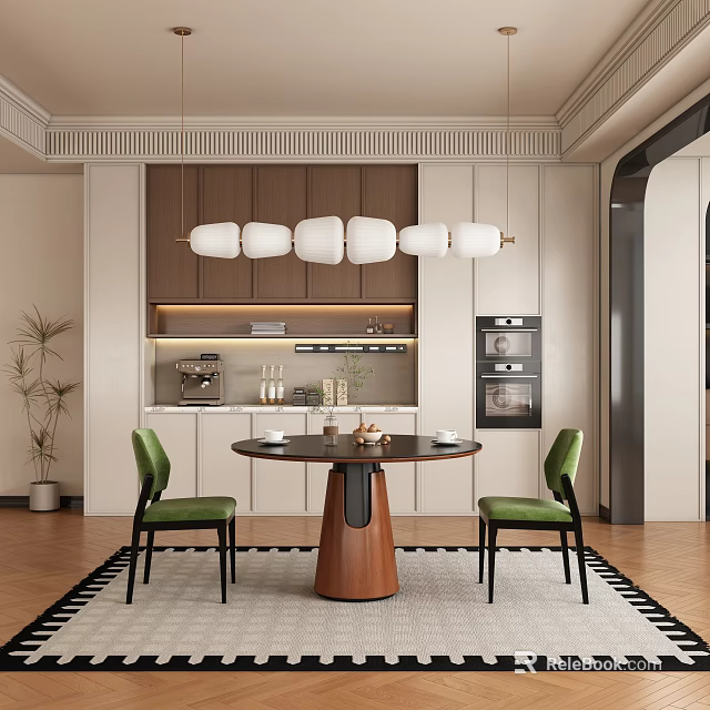Elegant Modern Restaurant With Round Wooden Table Green Chairs White Pendant Lights And Kitchen Cabinets 3d model 