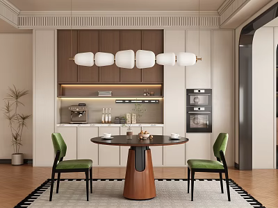 Elegant Modern Restaurant With Round Wooden Table Green Chairs White Pendant Lights And Kitchen Cabinets 3d model