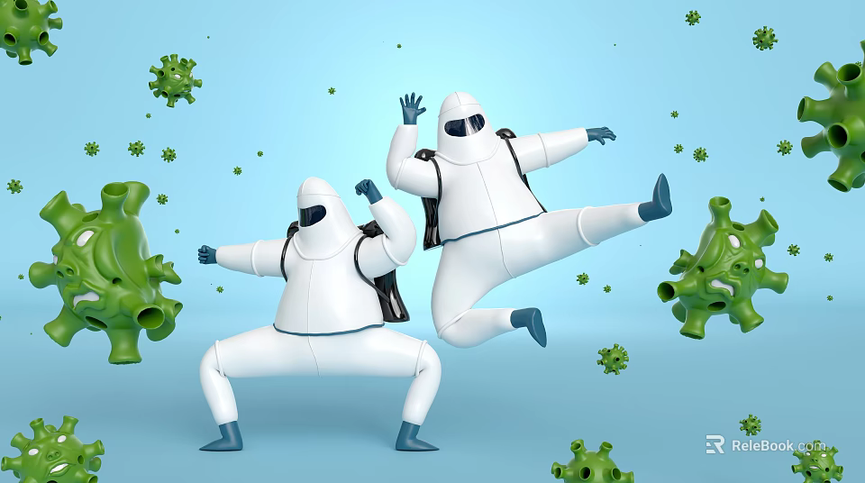 Game Movie Characters in White Protective Suits Dancing with Green Viruses on Light Blue Background 3d model 