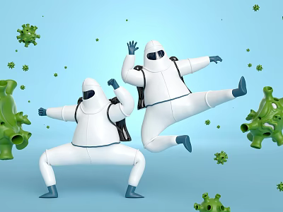 Game Movie Characters in White Protective Suits Dancing with Green Viruses on Light Blue Background 3d model