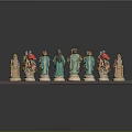 Decorative Chess Set With Colorful Intricate Designed Pieces On Wooden Chessboard