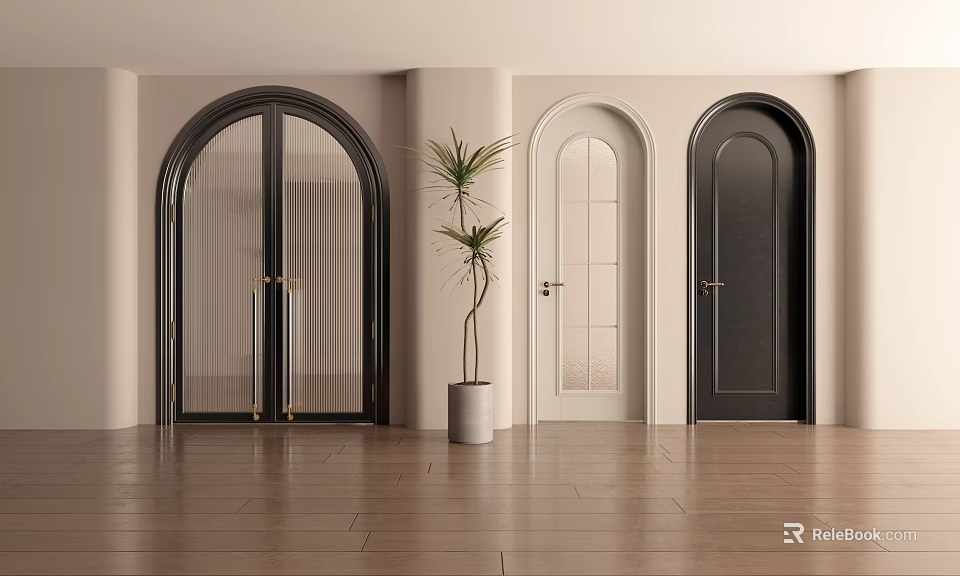 Various Styles Hinged Doors In Black And White With Arched Design And Wooden Flooring Interior 3d model 