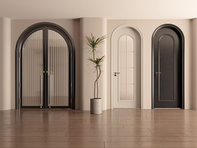 Various Styles Hinged Doors In Black And White With Arched Design And Wooden Flooring Interior 3d model