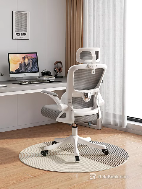 Modern Home Office Desk With Computer Monitor Ergonomic Chair And Minimalist Design 3d model 