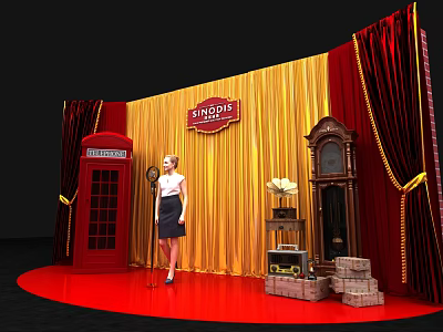 Singapore Themed Photo Spot With Red Telephone Booth Vintage Clock Stacked Boxes And Yellow Red Curtains 3d model