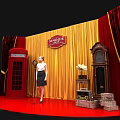 Singapore Themed Photo Spot With Red Telephone Booth Vintage Clock Stacked Boxes And Yellow Red Curtains