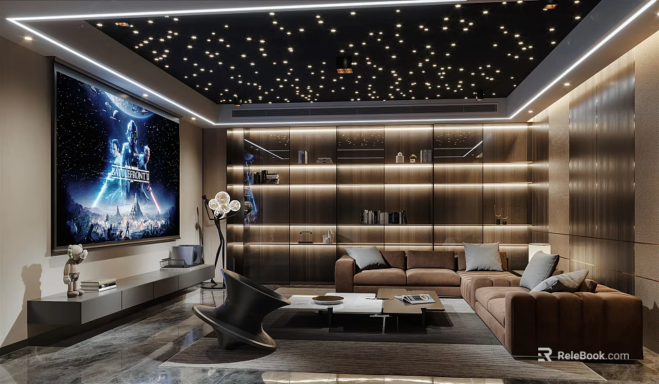 Modern Home Theater Room Interior Design With Starry Ceiling Large Screen And Brown Leather Sofas 3d model