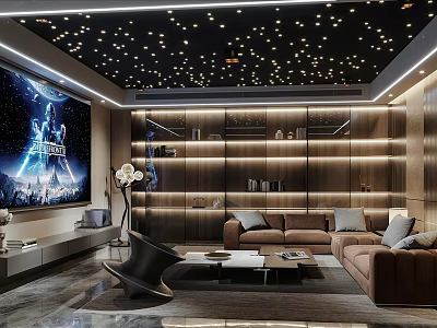 Modern Home Theater Room Interior Design With Starry Ceiling Large Screen And Brown Leather Sofas 3d model