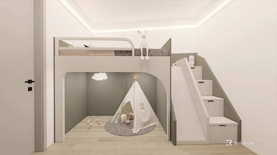 Kids Room Interior Design With Bunk Bed Slide Teepee Tent And Cloud Decor 3d model 