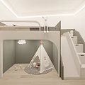 Kids Room Interior Design With Bunk Bed Slide Teepee Tent And Cloud Decor 3d model