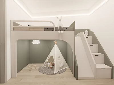 Kids Room Interior Design With Bunk Bed Slide Teepee Tent And Cloud Decor 3d model