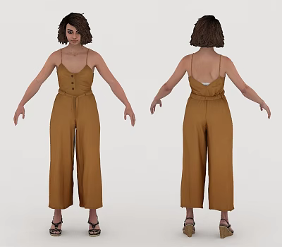 A Woman Wearing Stylish Brown Spaghetti Strap Wide Leg Jumpsuit With Belt And High Heels 3d model