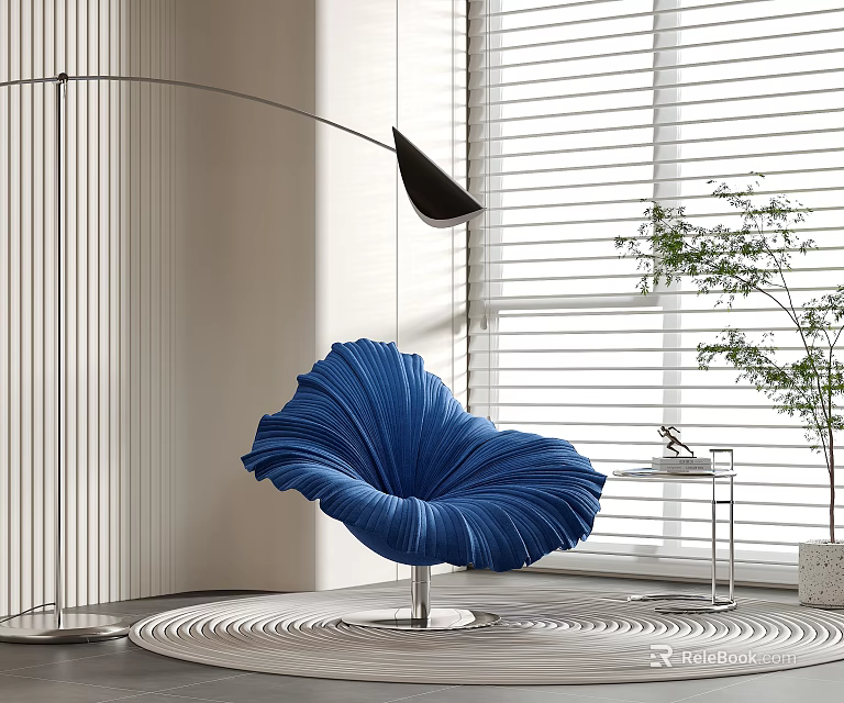 Blue Pleated Petal Shaped Lounge Chair In Modern Interior With Floor Lamp And Window Blinds 3d model 