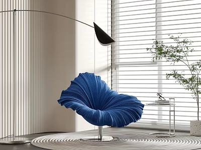 Blue Pleated Petal Shaped Lounge Chair In Modern Interior With Floor Lamp And Window Blinds 3d model