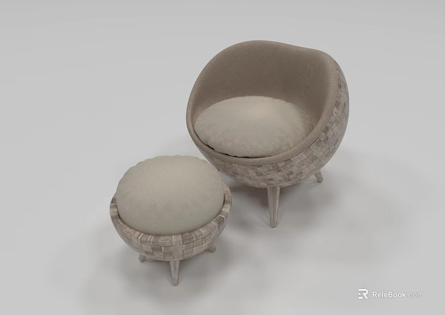Elegant Round Woven Light Beige Single Sofa With Matching Ottoman 3d model