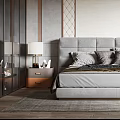 Modern Bedroom Interior Design With Gray Headboard Multiple Pillows And Geometric Accent Wall 3d model